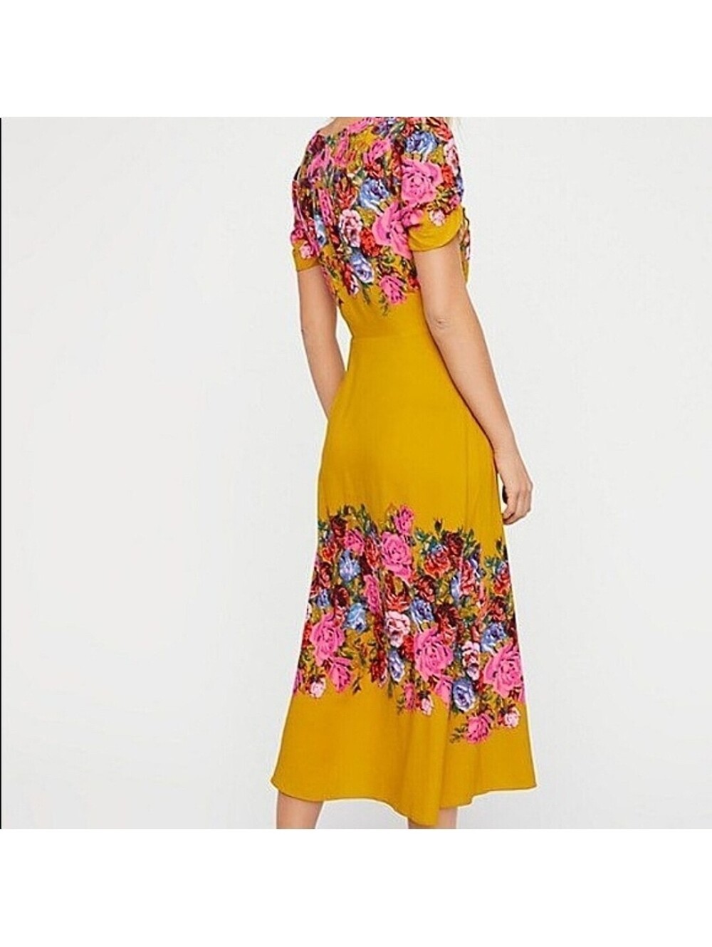 Free People Yellow Floral Midi Dress Size Small Boho V-Neck Button Front Rayon - Picture 2 of 10
